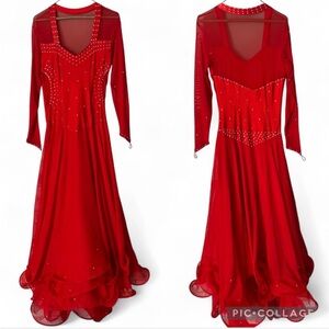 Elegant Red Smooth Ballroom Competition Dress Rhinestones Size 12 Mesh Sleeves